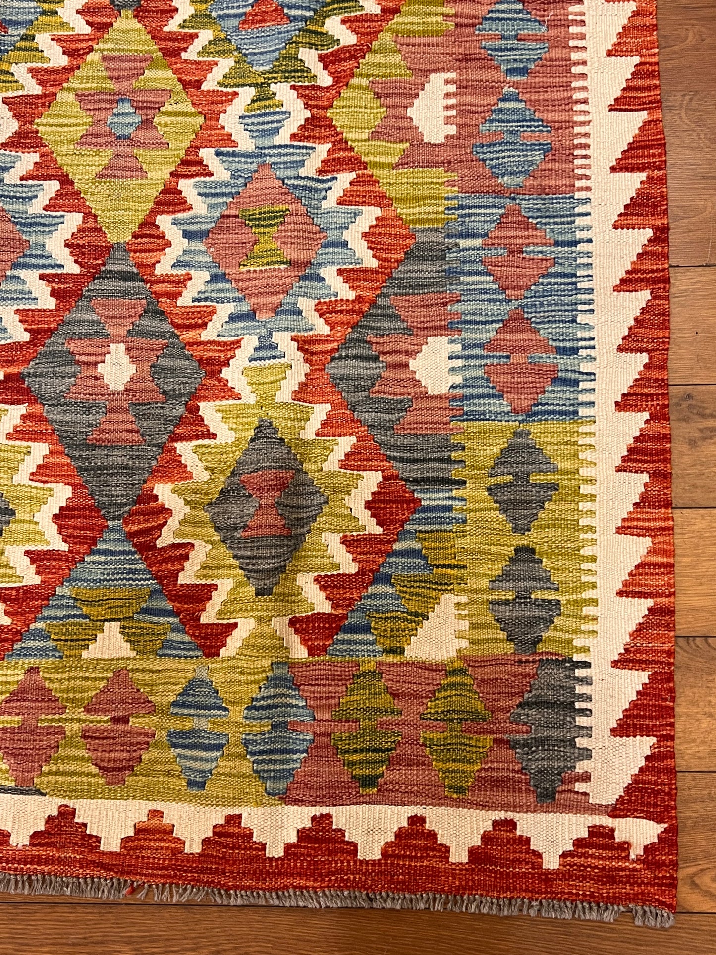 5x7 Fine Quality Handwoven Turkish Kilim Rug – Rust Red Olive Geometric Anatolian Rug