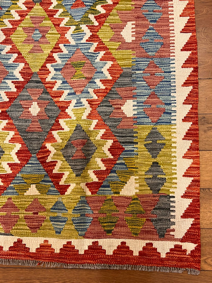 5x7 Fine Quality Handwoven Turkish Kilim Rug – Rust Red Olive Geometric Anatolian Rug
