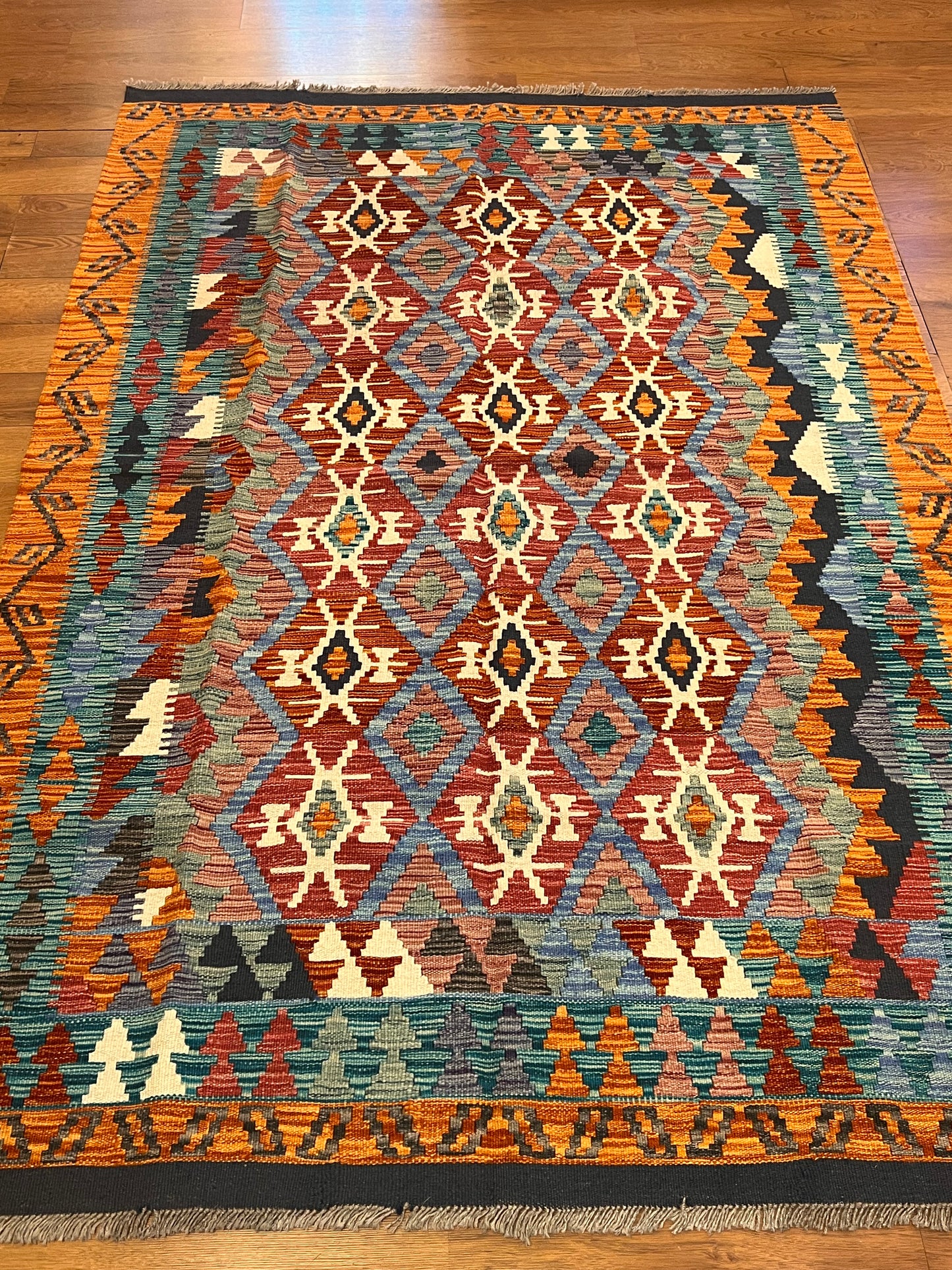 5x7 Fine Quality Handwoven Turkish Kilim Rug – Terracotta Turquoise Geometric Anatolian Rug