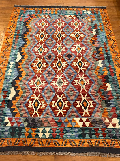 5x7 Fine Quality Handwoven Turkish Kilim Rug – Terracotta Turquoise Geometric Anatolian Rug