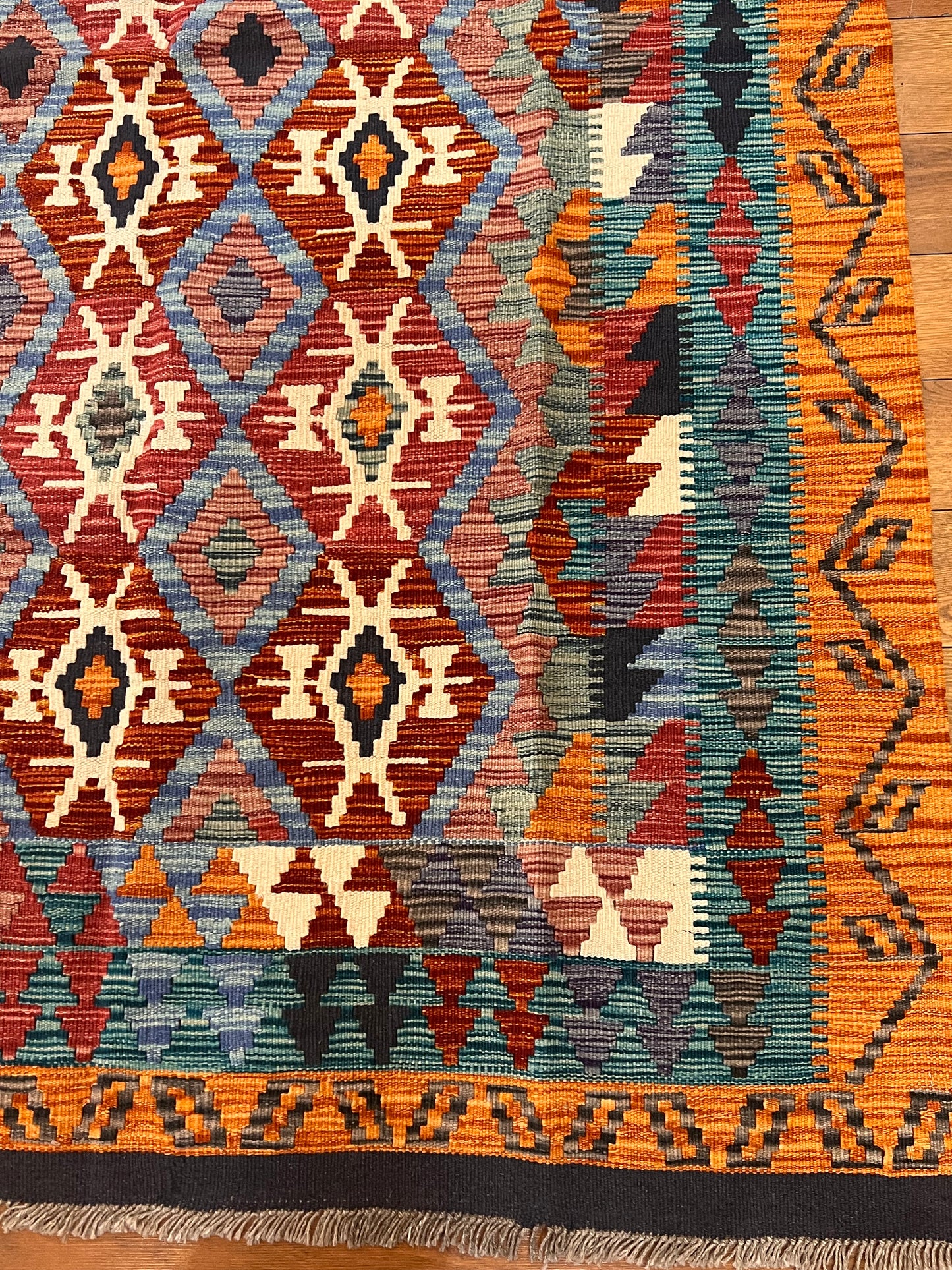 5x7 Fine Quality Handwoven Turkish Kilim Rug – Terracotta Turquoise Geometric Anatolian Rug