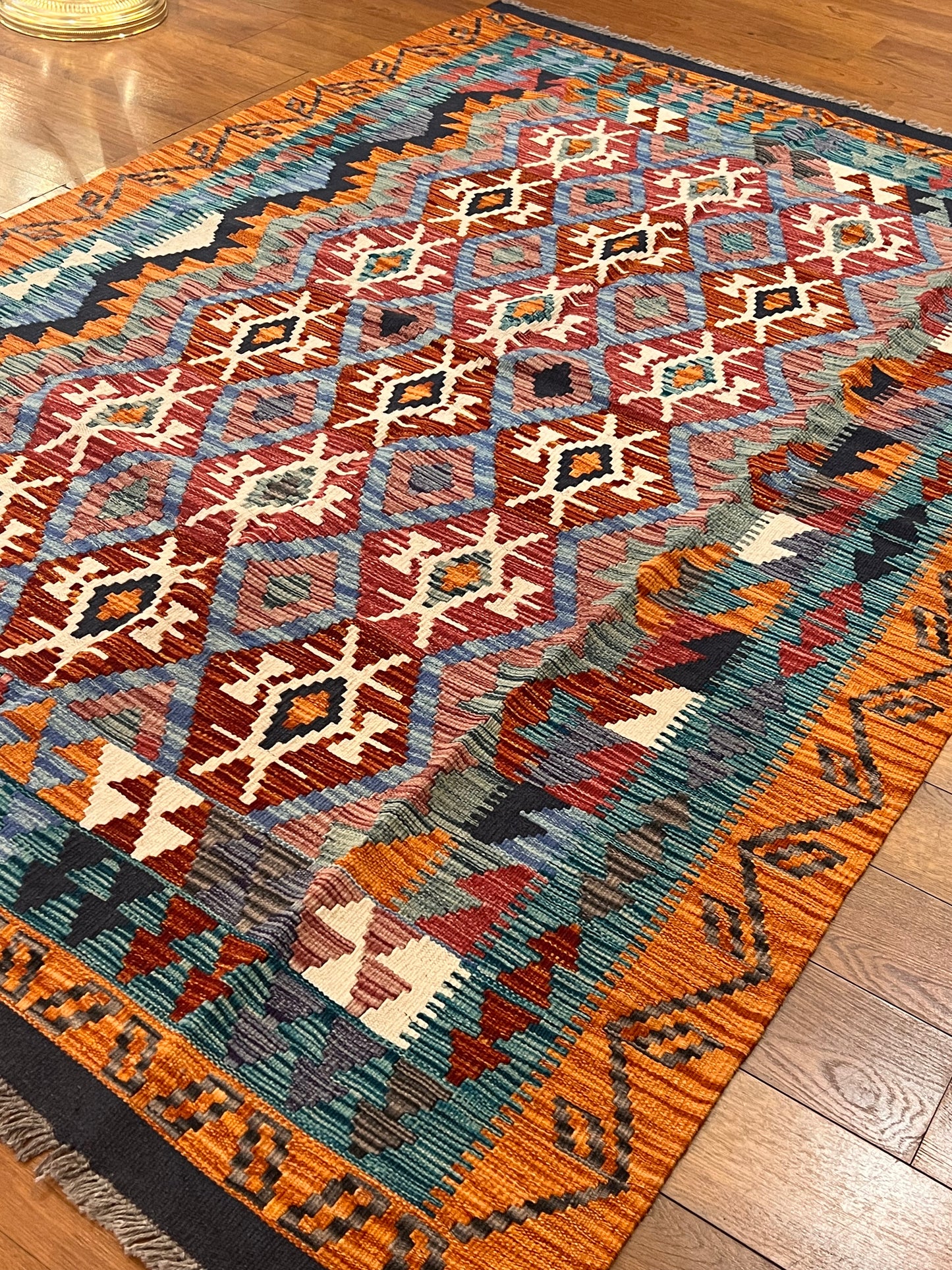 5x7 Fine Quality Handwoven Turkish Kilim Rug – Terracotta Turquoise Geometric Anatolian Rug