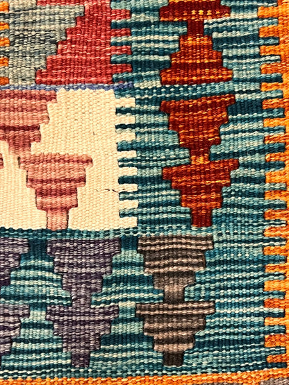 5x7 Fine Quality Handwoven Turkish Kilim Rug – Terracotta Turquoise Geometric Anatolian Rug