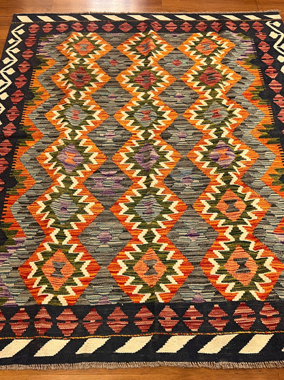 5x7 Fine Quality Handwoven Turkish Kilim Rug – Black Orange Gray Geometric Anatolian Rug