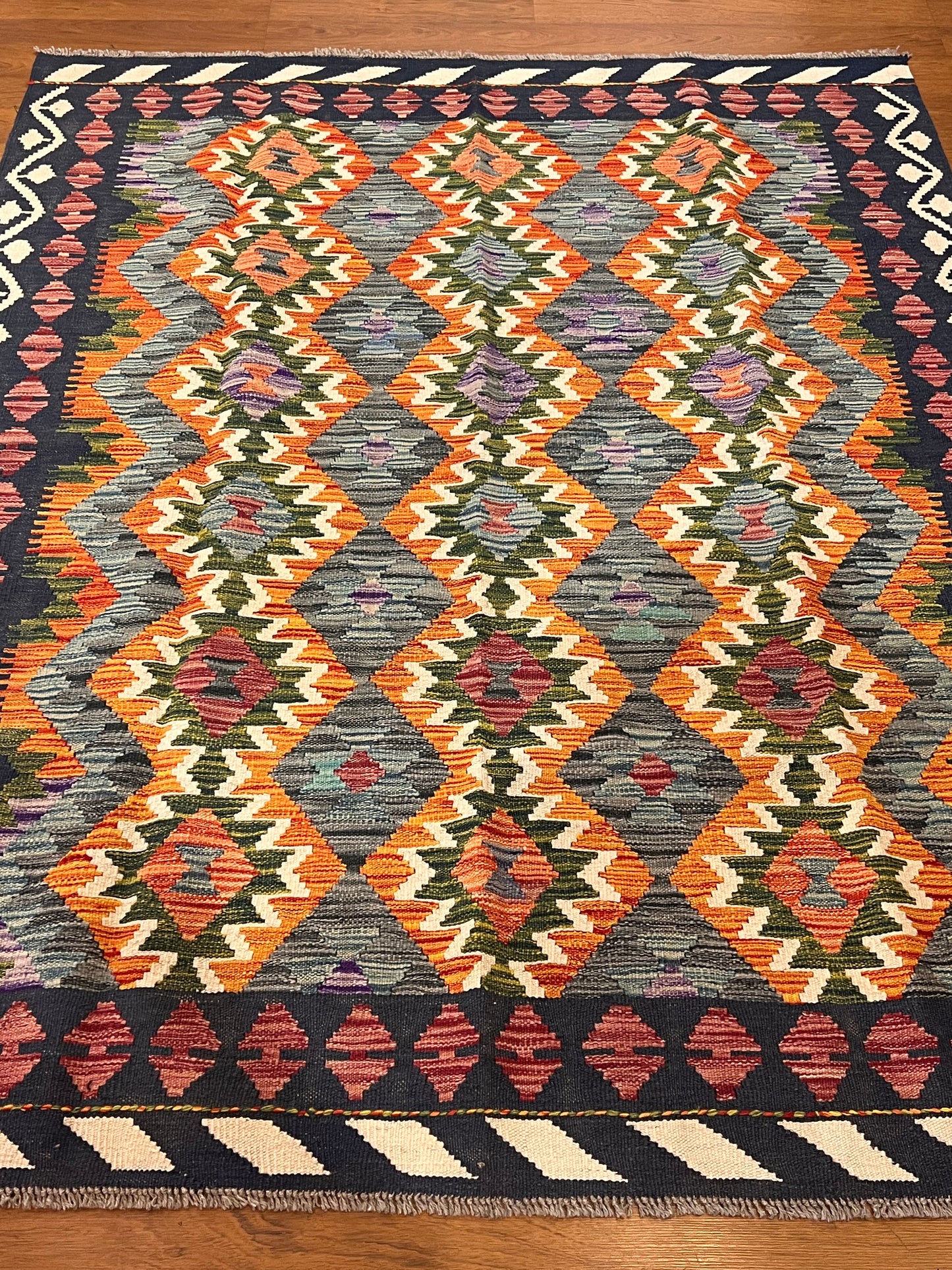 5x7 Fine Quality Handwoven Turkish Kilim Rug – Black Orange Gray Geometric Anatolian Rug