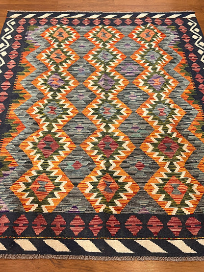 5x7 Fine Quality Handwoven Turkish Kilim Rug – Black Orange Gray Geometric Anatolian Rug