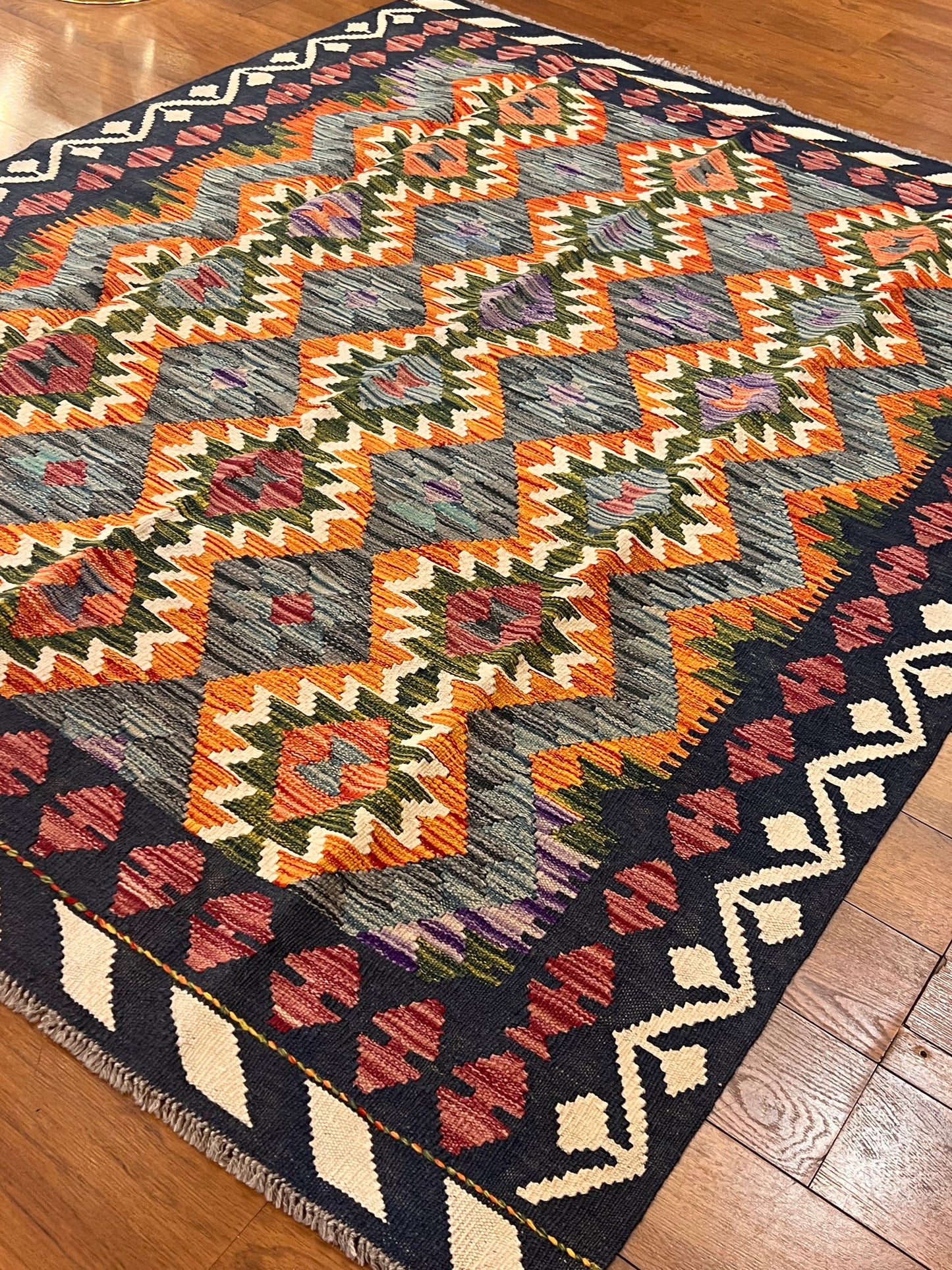 5x7 Fine Quality Handwoven Turkish Kilim Rug – Black Orange Gray Geometric Anatolian Rug