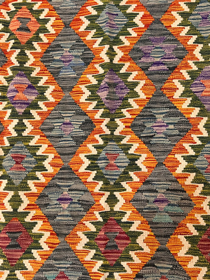 5x7 Fine Quality Handwoven Turkish Kilim Rug – Black Orange Gray Geometric Anatolian Rug