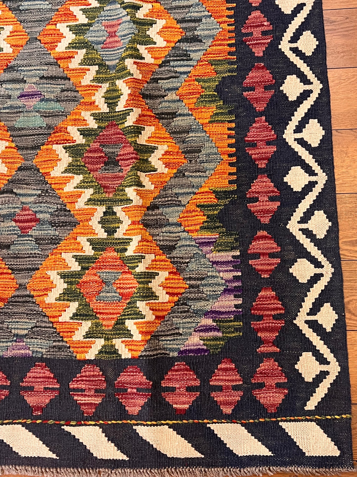 5x7 Fine Quality Handwoven Turkish Kilim Rug – Black Orange Gray Geometric Anatolian Rug