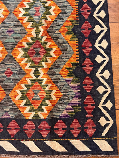 5x7 Fine Quality Handwoven Turkish Kilim Rug – Black Orange Gray Geometric Anatolian Rug