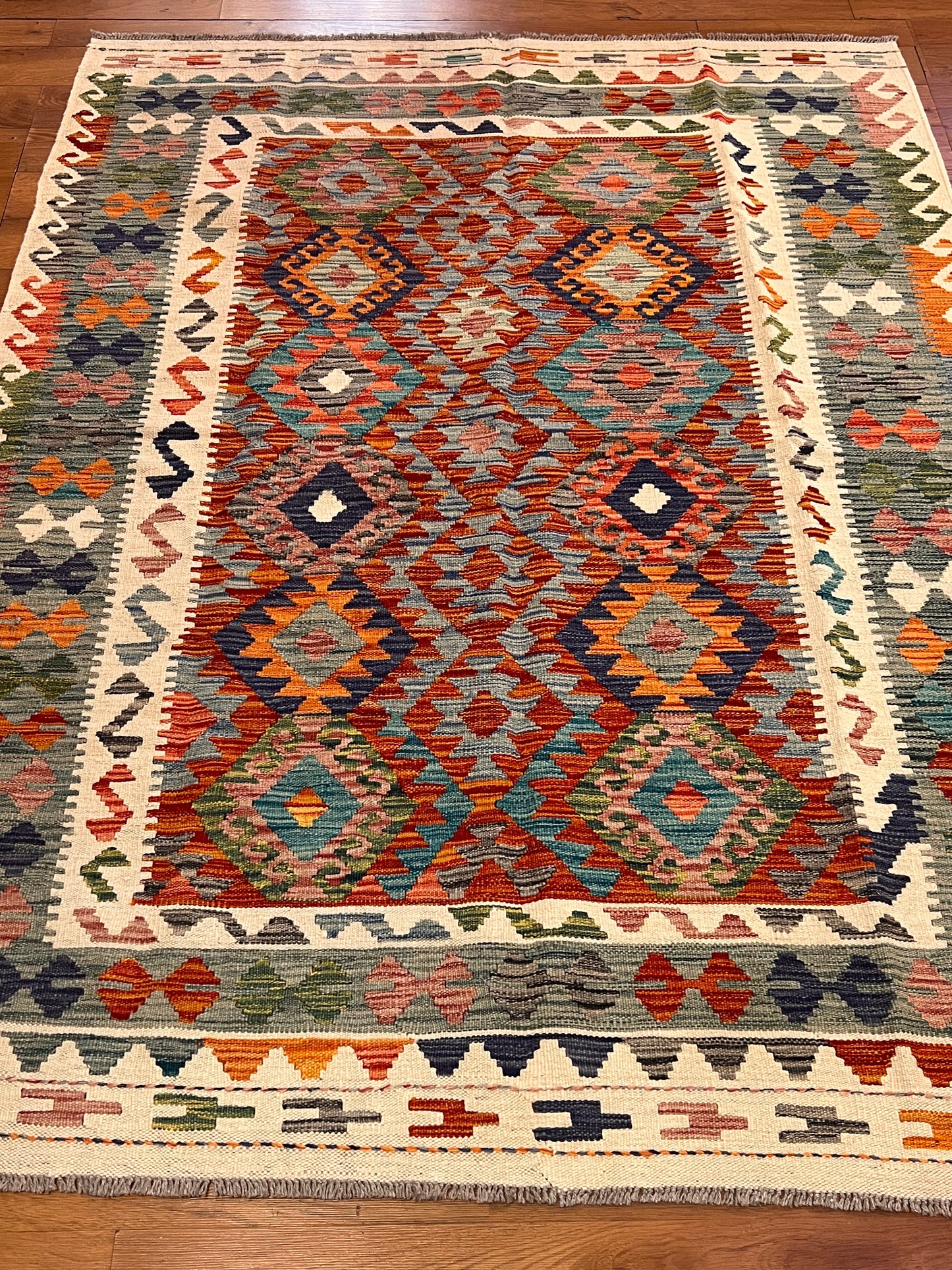 5x7 Fine Quality Handwoven Turkish Kilim Rug – Rust Turquoise Geometric Anatolian Area Rug