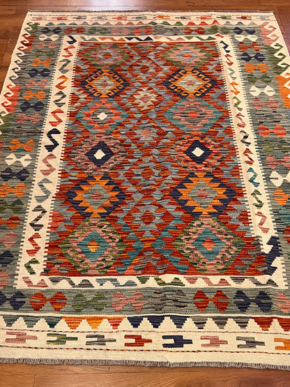 5x7 Fine Quality Handwoven Turkish Kilim Rug – Rust Turquoise Geometric Anatolian Area Rug