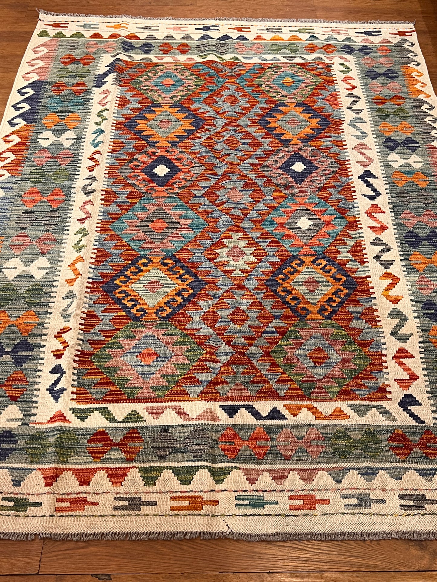 5x7 Fine Quality Handwoven Turkish Kilim Rug – Rust Turquoise Geometric Anatolian Area Rug