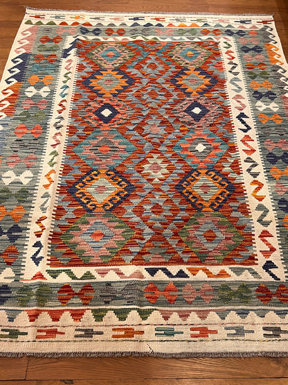 5x7 Fine Quality Handwoven Turkish Kilim Rug – Rust Turquoise Geometric Anatolian Area Rug