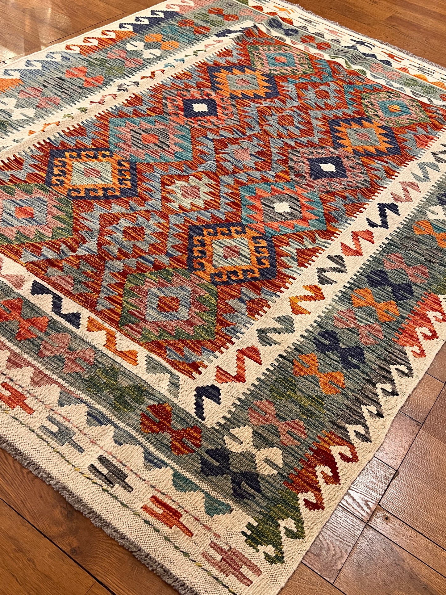 5x7 Fine Quality Handwoven Turkish Kilim Rug – Rust Turquoise Geometric Anatolian Area Rug