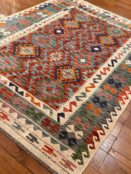 5x7 Fine Quality Handwoven Turkish Kilim Rug – Rust Turquoise Geometric Anatolian Area Rug