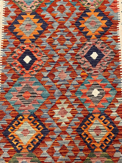 5x7 Fine Quality Handwoven Turkish Kilim Rug – Rust Turquoise Geometric Anatolian Area Rug
