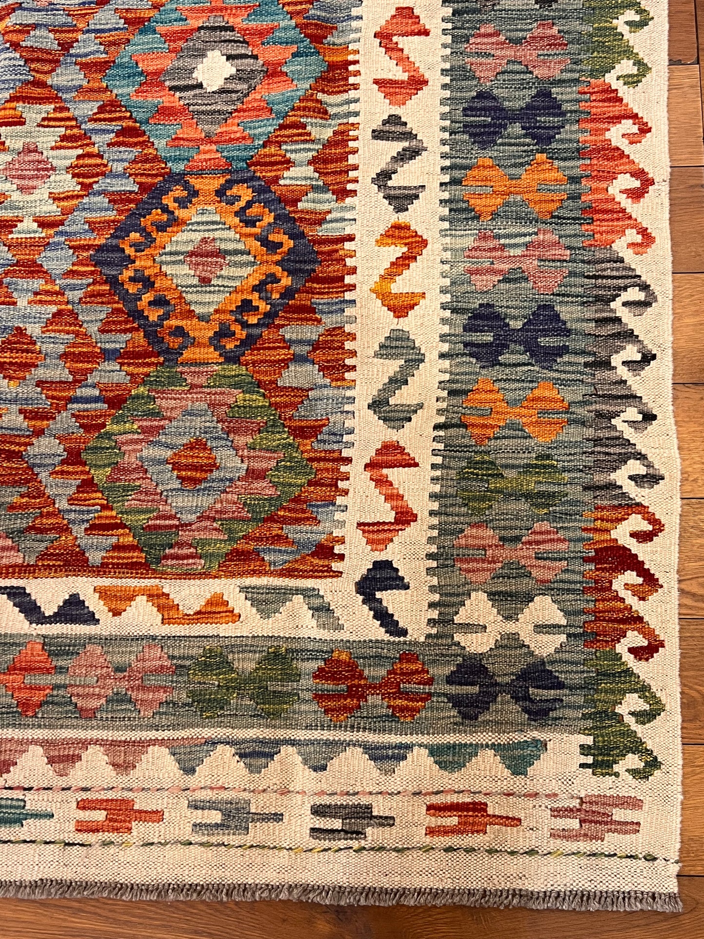 5x7 Fine Quality Handwoven Turkish Kilim Rug – Rust Turquoise Geometric Anatolian Area Rug