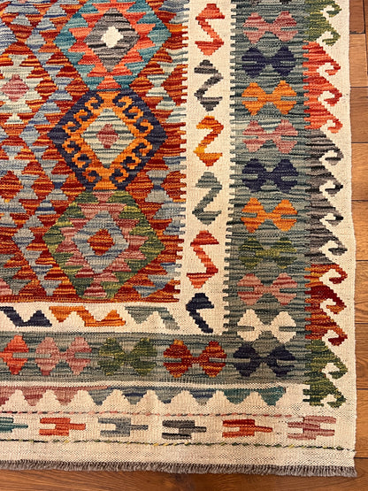5x7 Fine Quality Handwoven Turkish Kilim Rug – Rust Turquoise Geometric Anatolian Area Rug