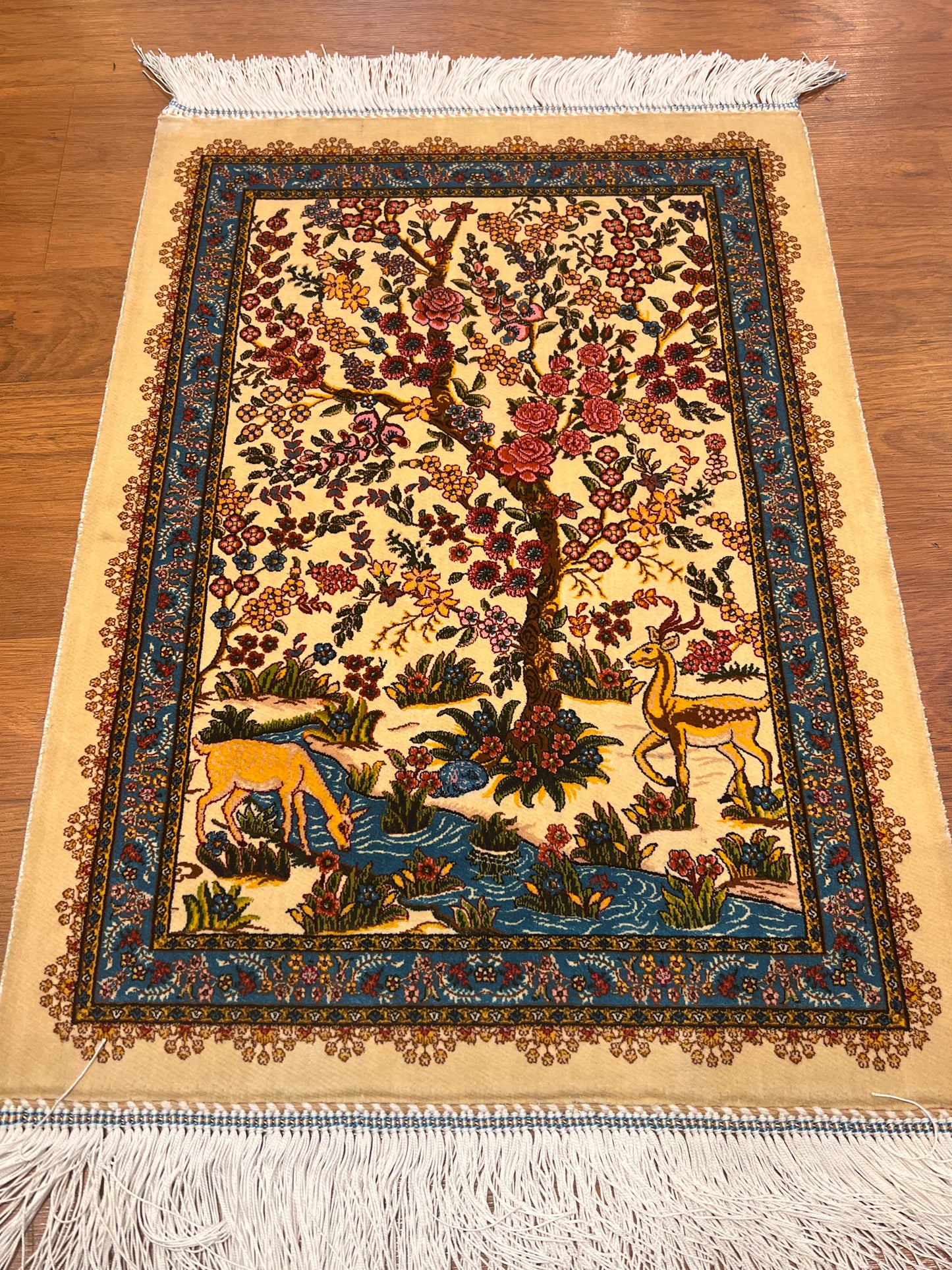 19” x 28” Fine Quality Bamboo Silk Rug – Floral Garden & Deer Design
