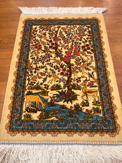 19” x 28” Fine Quality Bamboo Silk Rug – Floral Garden & Deer Design