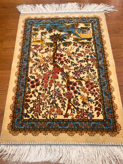 19” x 28” Fine Quality Bamboo Silk Rug – Floral Garden & Deer Design