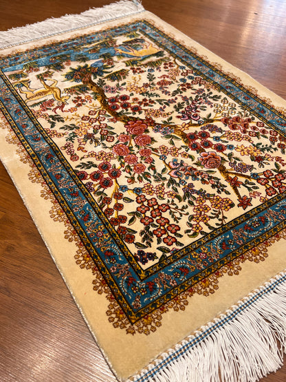 19” x 28” Fine Quality Bamboo Silk Rug – Floral Garden & Deer Design