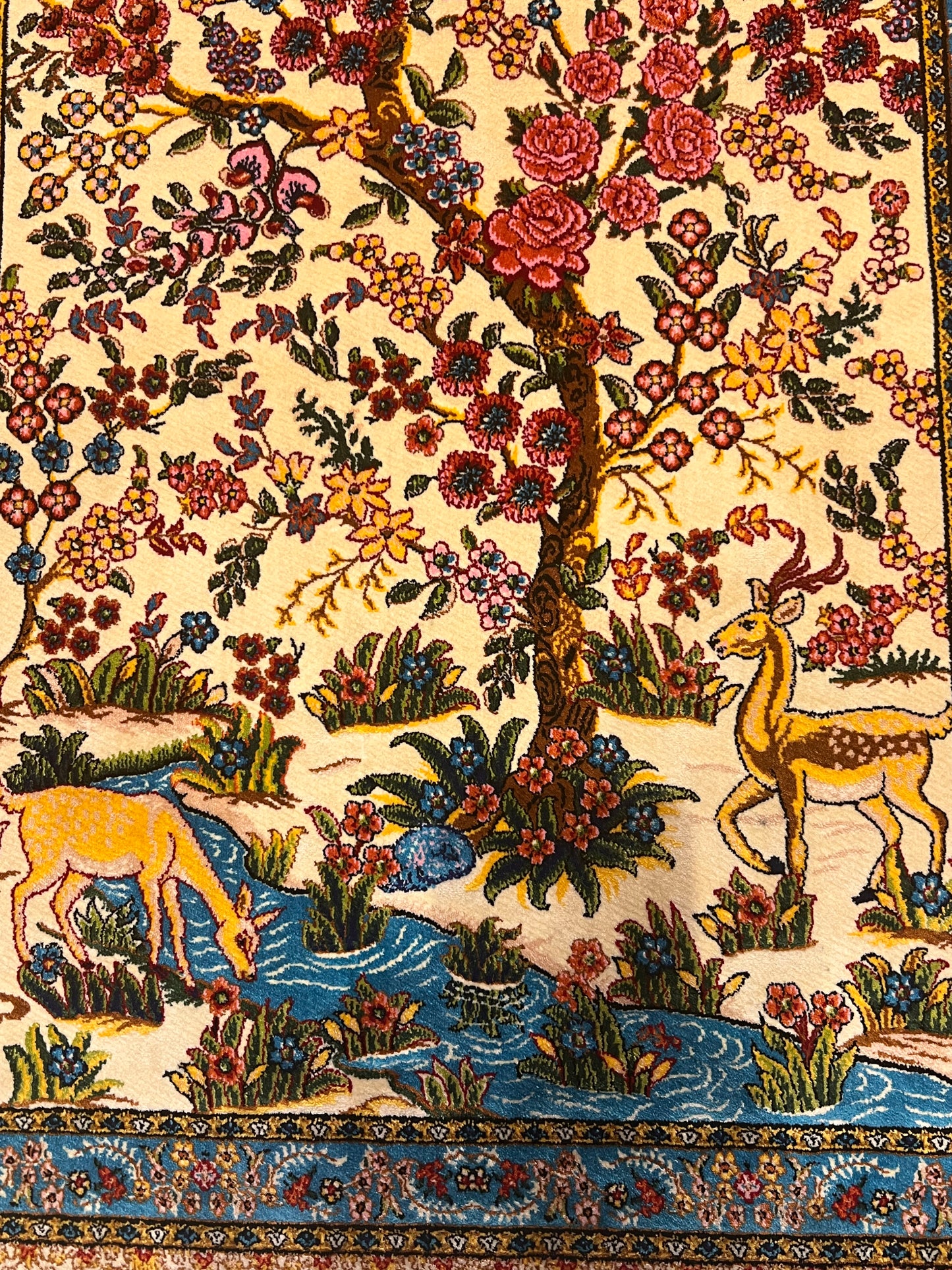 19” x 28” Fine Quality Bamboo Silk Rug – Floral Garden & Deer Design