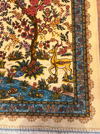 19” x 28” Fine Quality Bamboo Silk Rug – Floral Garden & Deer Design