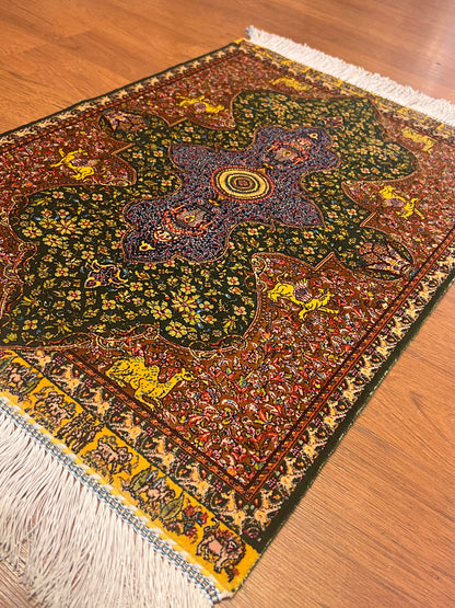 19” x 28” Small Silk Rug – Green & Rust Ornamental Medallion Accent Rug