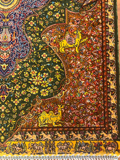19” x 28” Small Silk Rug – Green & Rust Ornamental Medallion Accent Rug