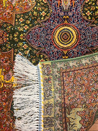 19” x 28” Small Silk Rug – Green & Rust Ornamental Medallion Accent Rug