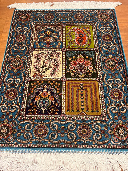 19” x 28” Small Silk Rug – Turquoise Garden Panel Luxury Accent Rug