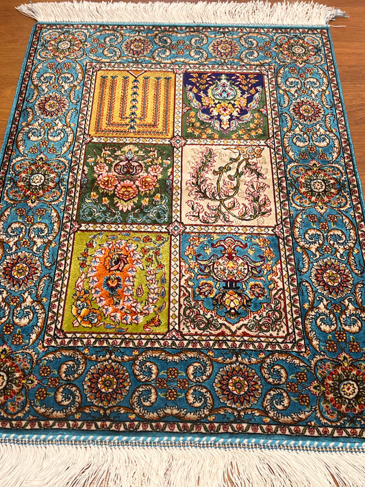 19” x 28” Small Silk Rug – Turquoise Garden Panel Luxury Accent Rug