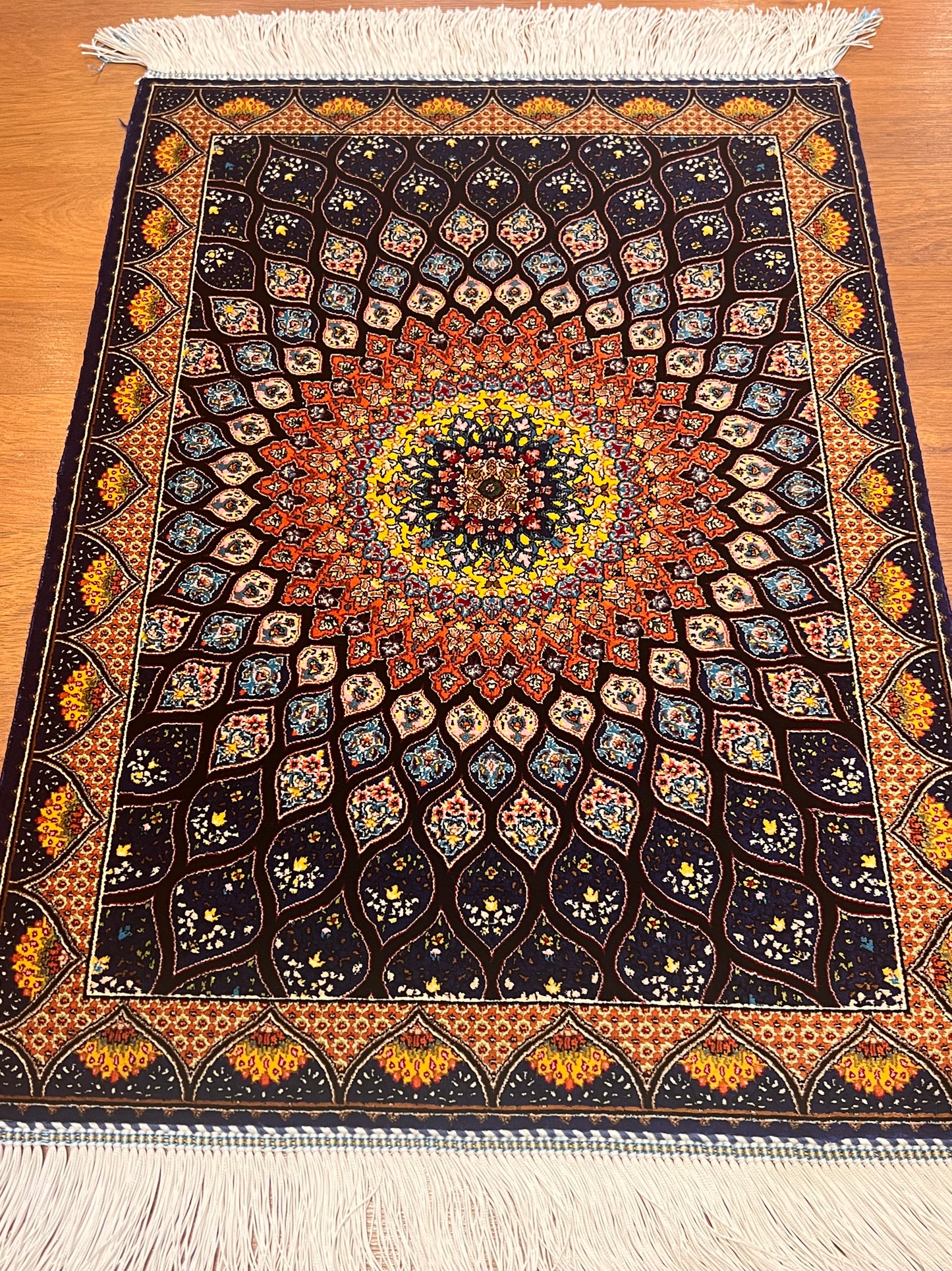 19” x 28” Small Silk Rug – Midnight Blue & Orange Radiant Medallion Accent Rug