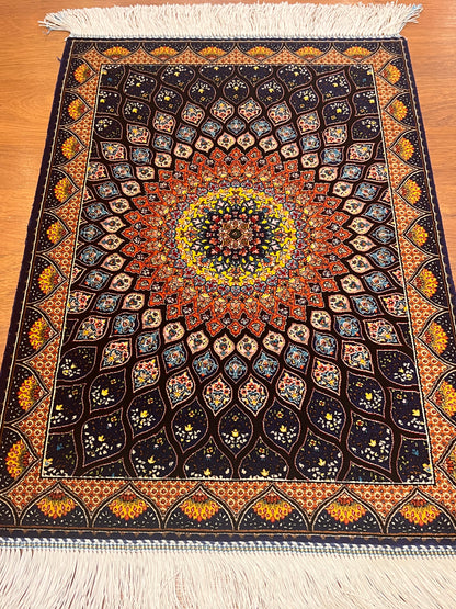 19” x 28” Small Silk Rug – Midnight Blue & Orange Radiant Medallion Accent Rug