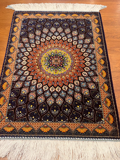 19” x 28” Small Silk Rug – Midnight Blue & Orange Radiant Medallion Accent Rug
