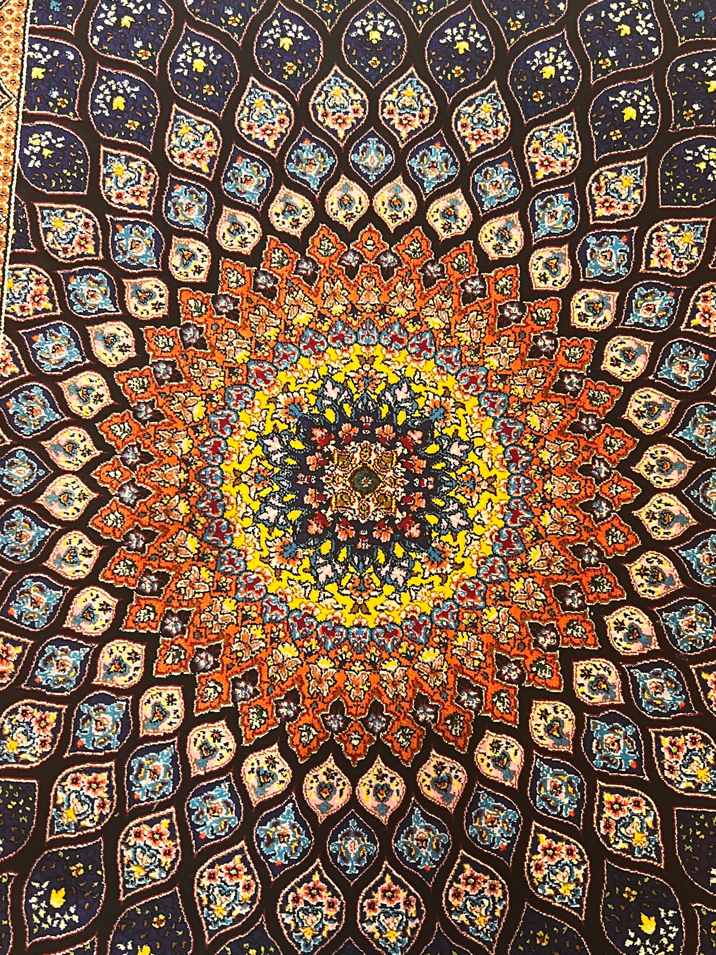 19” x 28” Small Silk Rug – Midnight Blue & Orange Radiant Medallion Accent Rug