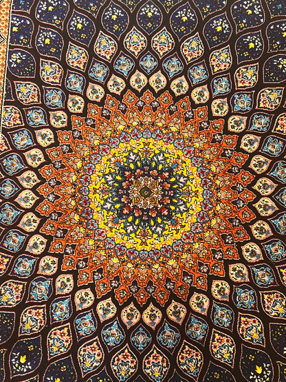 19” x 28” Small Silk Rug – Midnight Blue & Orange Radiant Medallion Accent Rug