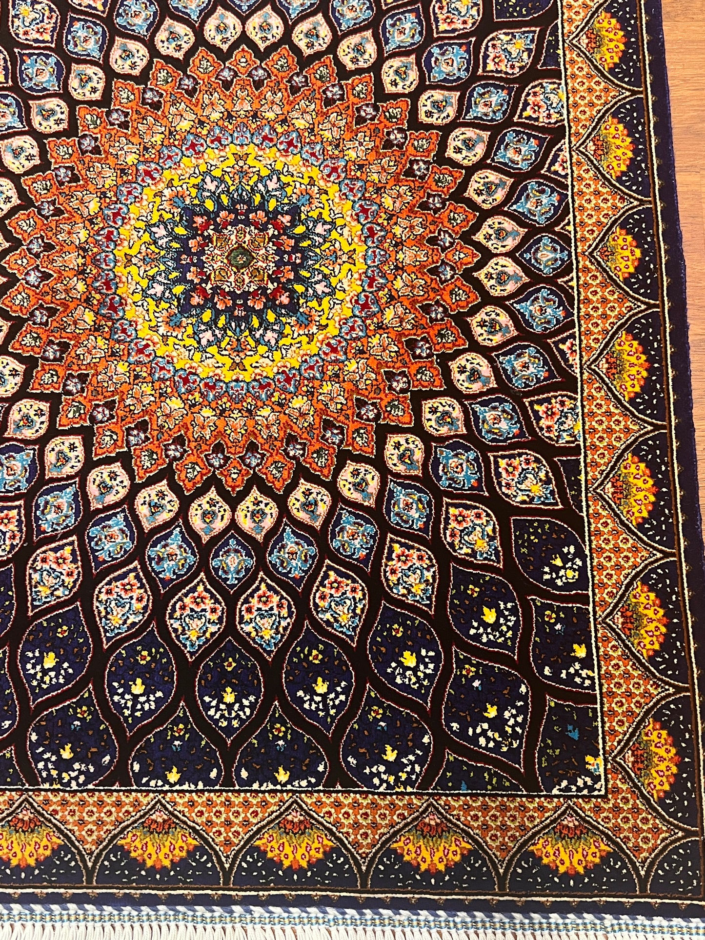 19” x 28” Small Silk Rug – Midnight Blue & Orange Radiant Medallion Accent Rug