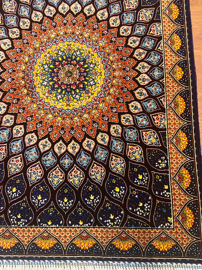 19” x 28” Small Silk Rug – Midnight Blue & Orange Radiant Medallion Accent Rug
