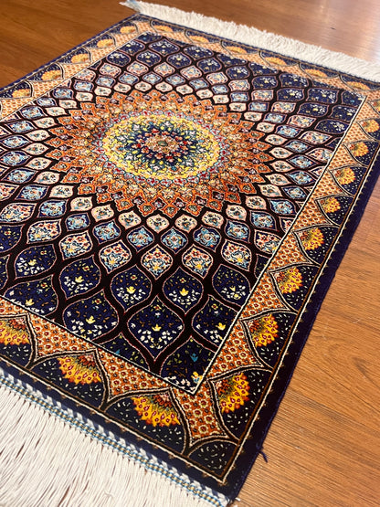 19” x 28” Small Silk Rug – Midnight Blue & Orange Radiant Medallion Accent Rug