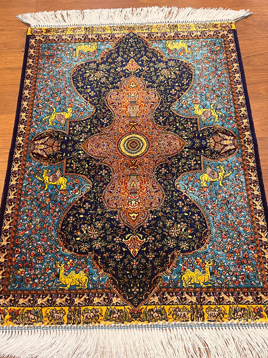 19” x 28” Small Silk Rug – Turquoise & Midnight Blue Imperial Medallion Accent Rug