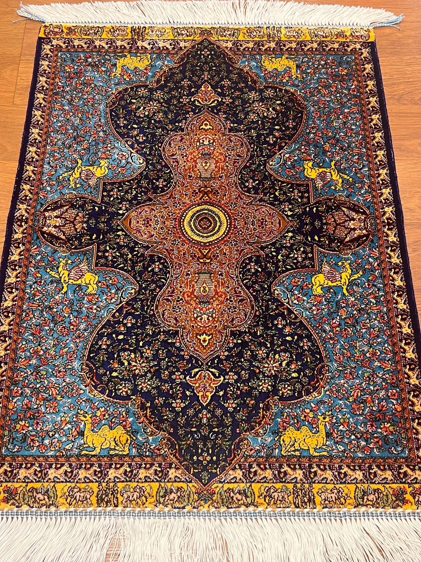 19” x 28” Small Silk Rug – Turquoise & Midnight Blue Imperial Medallion Accent Rug