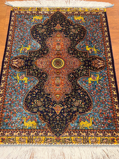 19” x 28” Small Silk Rug – Turquoise & Midnight Blue Imperial Medallion Accent Rug