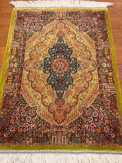 19” x 28” Small Silk Rug – Olive Green Botanical Medallion Luxury Accent Rug