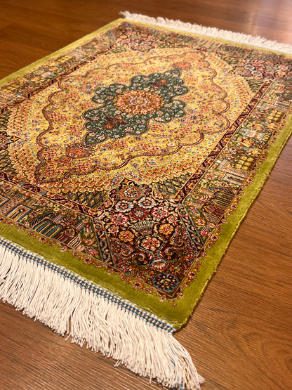 19” x 28” Small Silk Rug – Olive Green Botanical Medallion Luxury Accent Rug