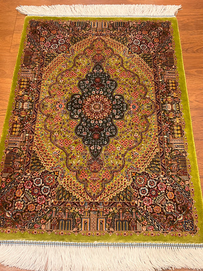 19” x 28” Small Silk Rug – Olive Green Botanical Medallion Luxury Accent Rug