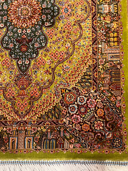 19” x 28” Small Silk Rug – Olive Green Botanical Medallion Luxury Accent Rug