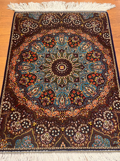 19” x 28” Small Silk Rug – Turquoise & Navy Grand Rosette Luxury Accent Rug